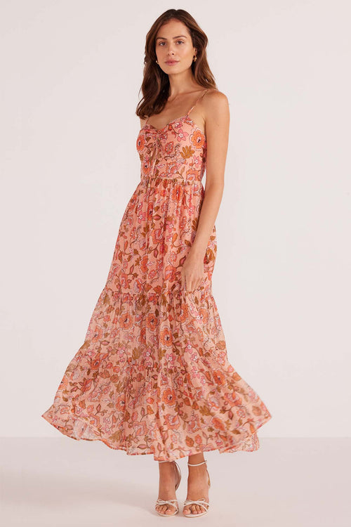 model wears a pink floral maxi dress