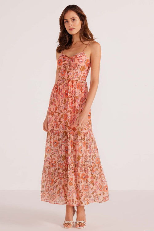 model wears a pink floral maxi dress