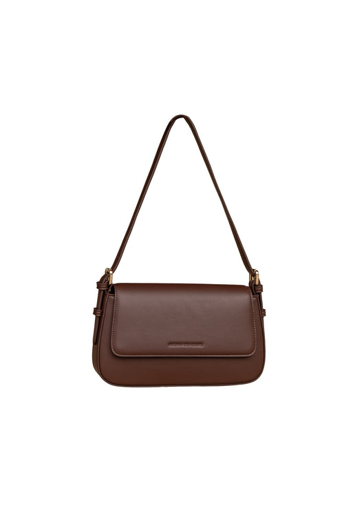Brown leather handbag with a strap on a white background