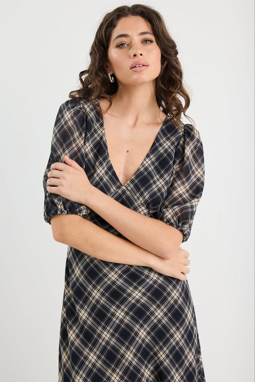 Woman wearing a check midi dress