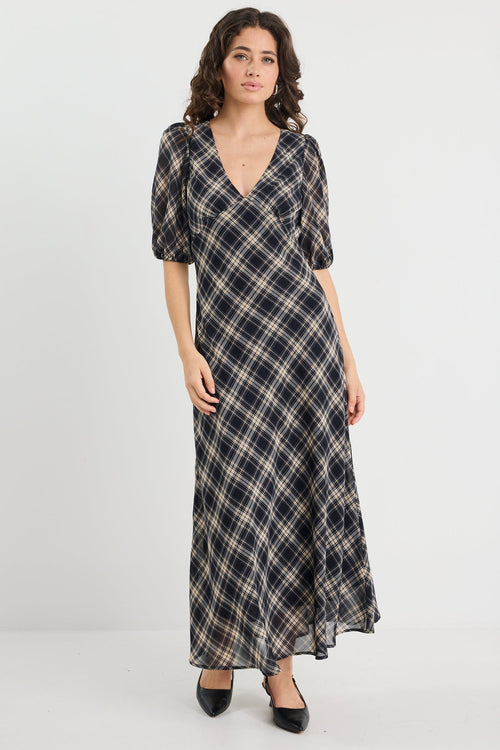 Woman wearing a check midi dress