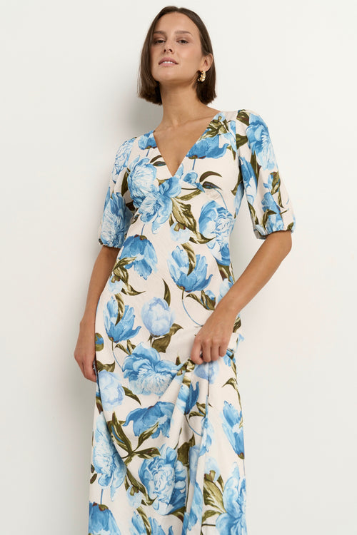 Woman wearing a short sleeve floral midi dress with a V-neck and blue rose print on a cream base.
col_pattern