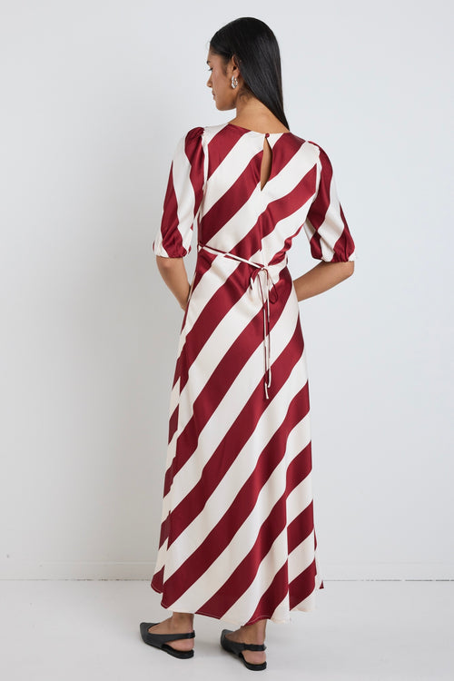 our model wears a plum stripe v neckline maxi dress