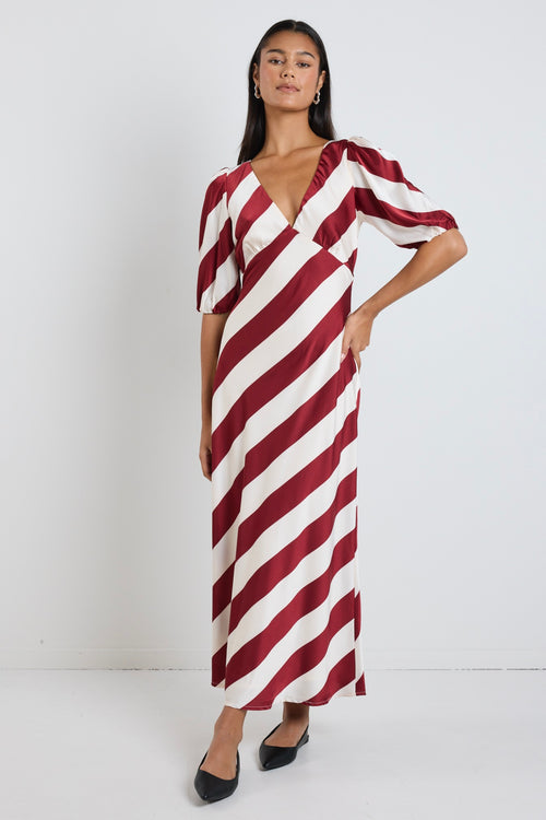 our model wears a plum stripe v neckline maxi dress