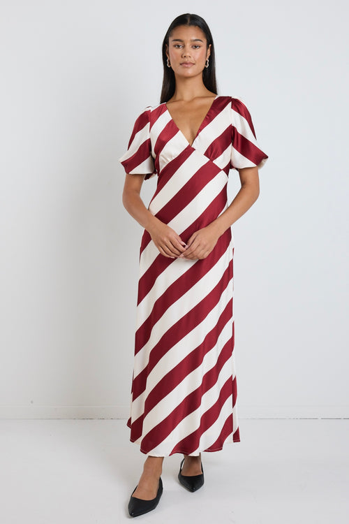 our model wears a plum stripe v neckline maxi dress