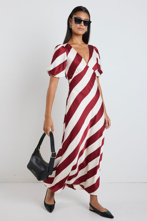 our model wears a plum stripe v neckline maxi dress