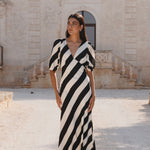 Amora Black White Stripe SS Bias Midi Dress