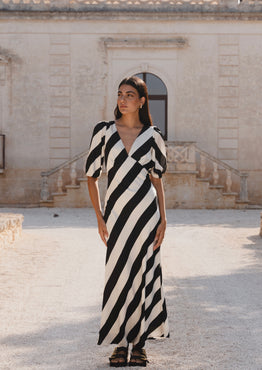 Amora Black White Stripe SS Bias Midi Dress