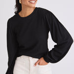 model wears a black long sleeve top