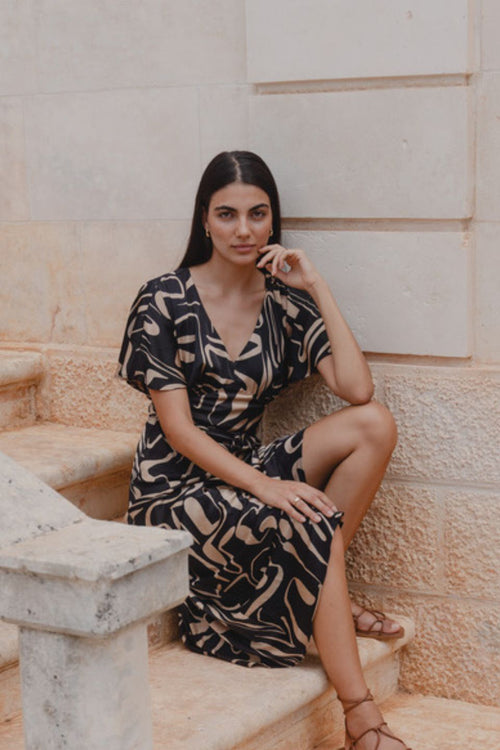 model wears a black beige patten maxi dress