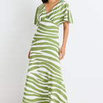 Anticipate Green Zebra Kimono Short Sleeve Bias Maxi Dress