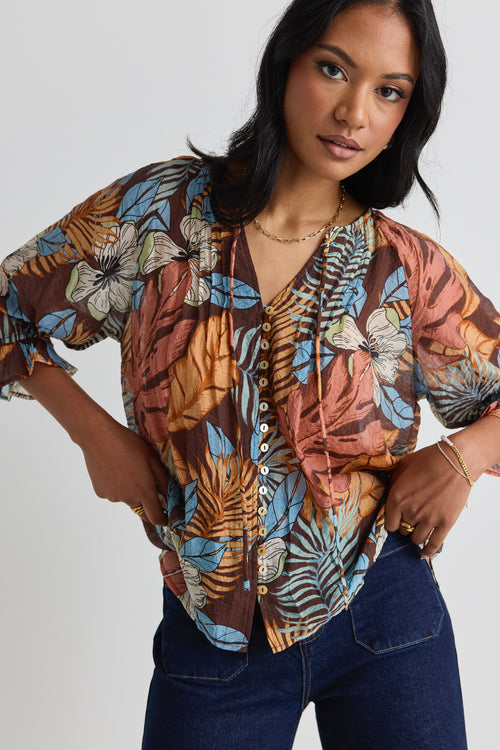 model wears a brown floral top