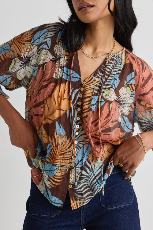 model wears a brown floral top