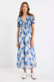 Aperture Sky Blue Floral Short Sleeve Shirred Bodice Midi Dress