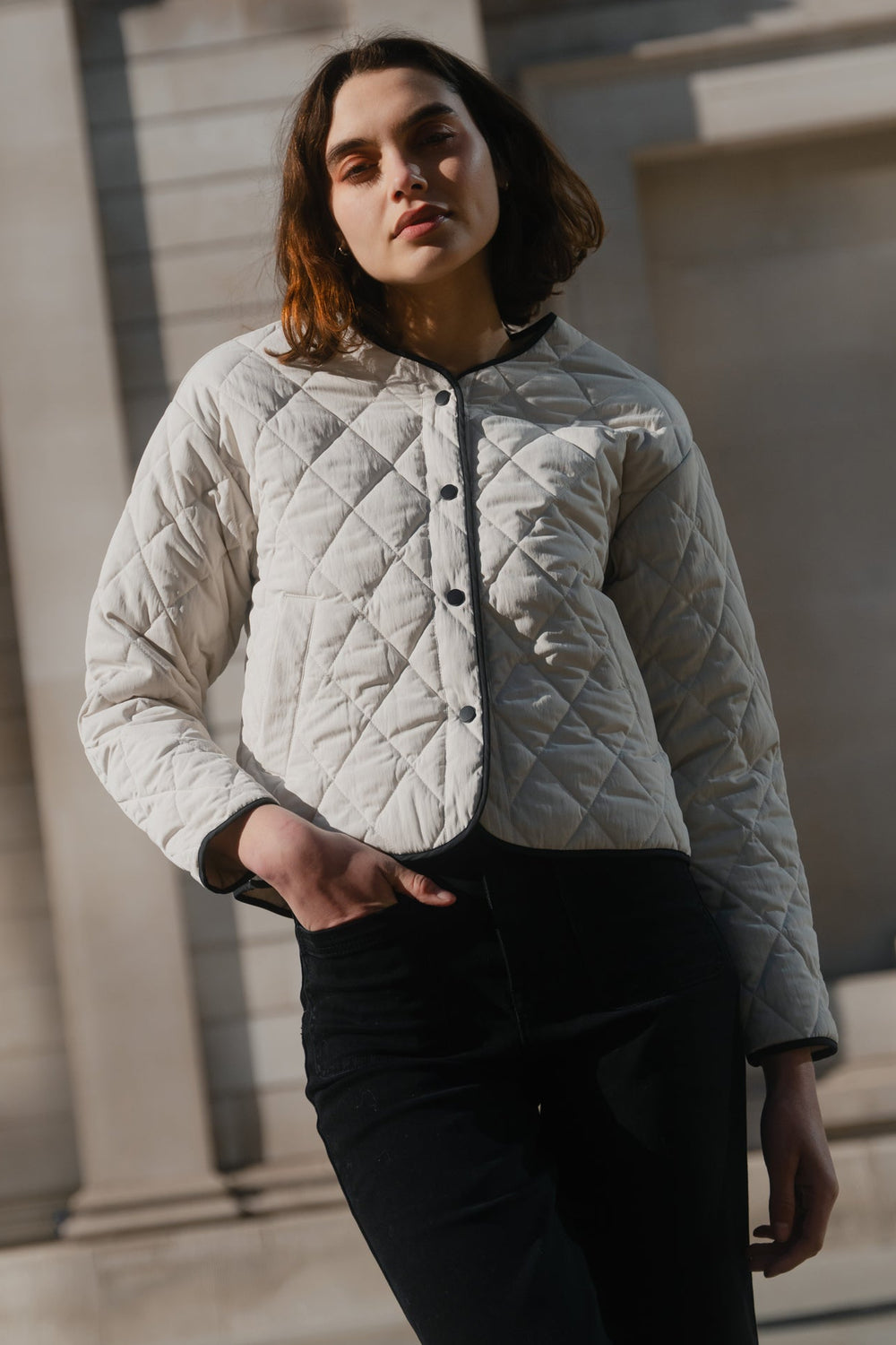 Shop Apex Bone Collarless Quilted Contrast Piping Puffer Jacket | Flo
