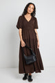 Aphrodite Espresso Hammered Satin SS V Neck Midi Dress