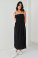 Arcadia Black Cotton Gathered Tie Strap Midi Dress