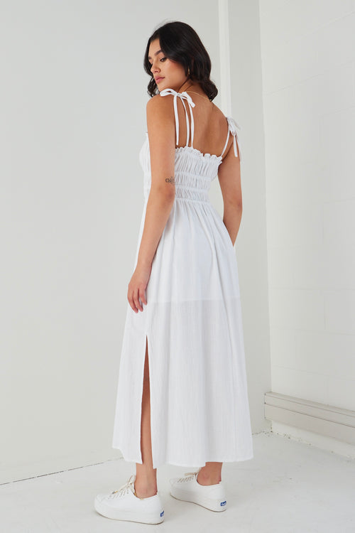 Arcadia White Cotton Gathered Tie Strap Midi Dress WW Dress Among the Brave   