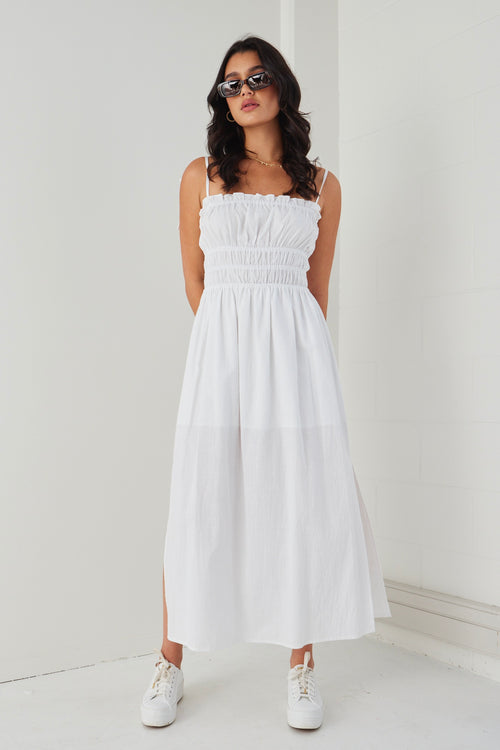 Arcadia White Cotton Gathered Tie Strap Midi Dress WW Dress Among the Brave   