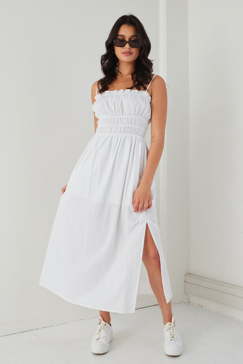 Arcadia White Cotton Gathered Tie Strap Midi Dress WW Dress Among the Brave   