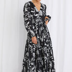 Aria Black & White LS V Neck Tiered Maxi Dress