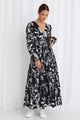 Aria Black & White LS V Neck Tiered Maxi Dress