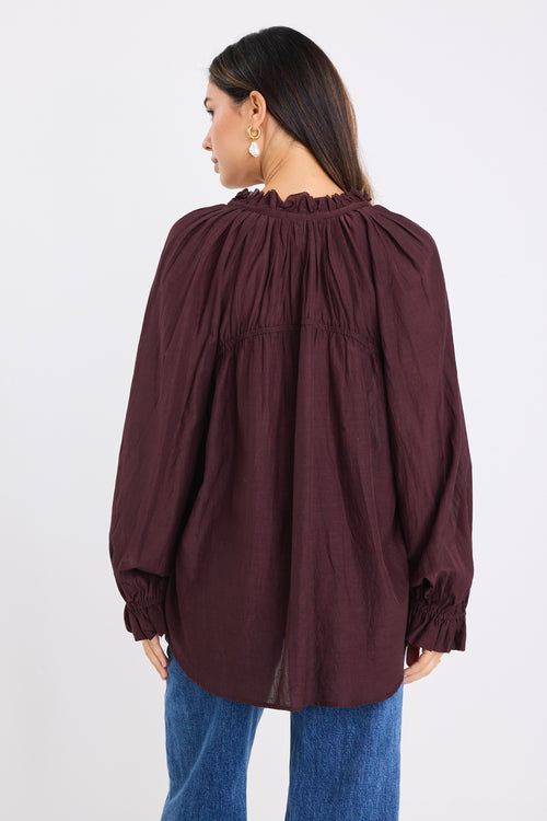 model wears a brown long sleeve blouse with blue jeans
col_pattern