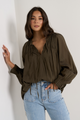 Artist Olive Cotton LS Tie Front Relaxed Gathered Top