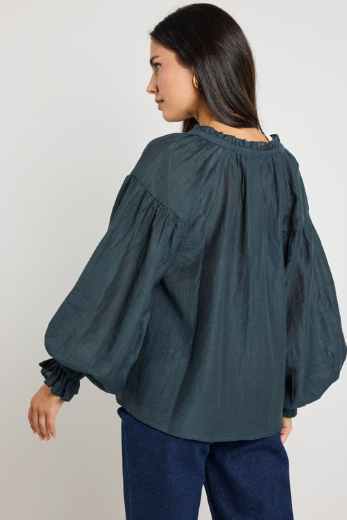 model wears a green long sleeve blouse