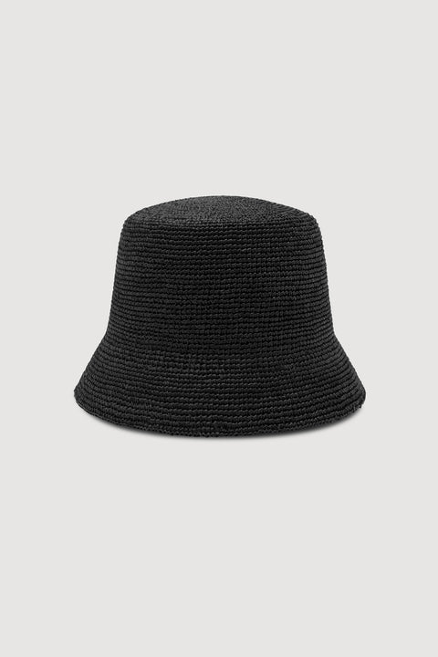 A black woven bucket hat with a textured straw-like finish, photographed from the back against a solid light gray background.