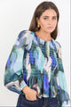 Assent Blue Abstract Print Shirred Long Sleeve Top