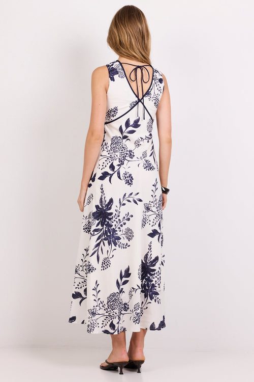 A woman viewed from the back wearing a sleeveless white midi dress with a navy blue floral print and crisscross tie straps at the neckline, set against a plain white studio background.