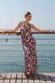 Aston Blue Red Poppy Satin Bias Flared Maxi Dress