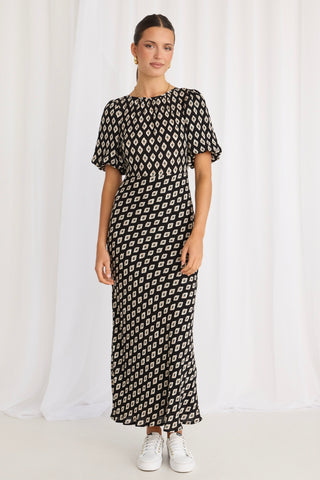 model wears a Black Print Bias Maxi Dress