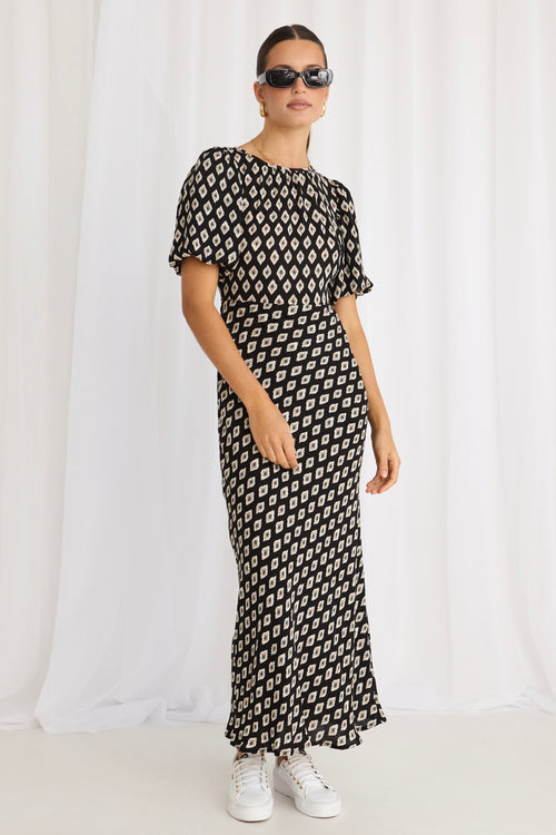 model wears a Black Print Bias Maxi Dress