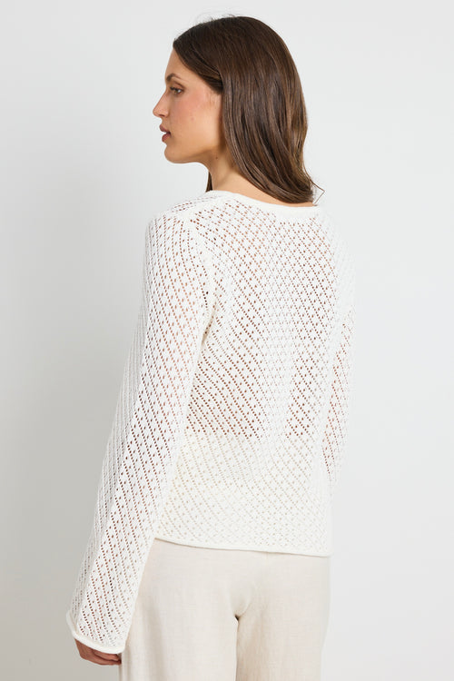 model wears Ivory Cotton Crochet Knit Jumper