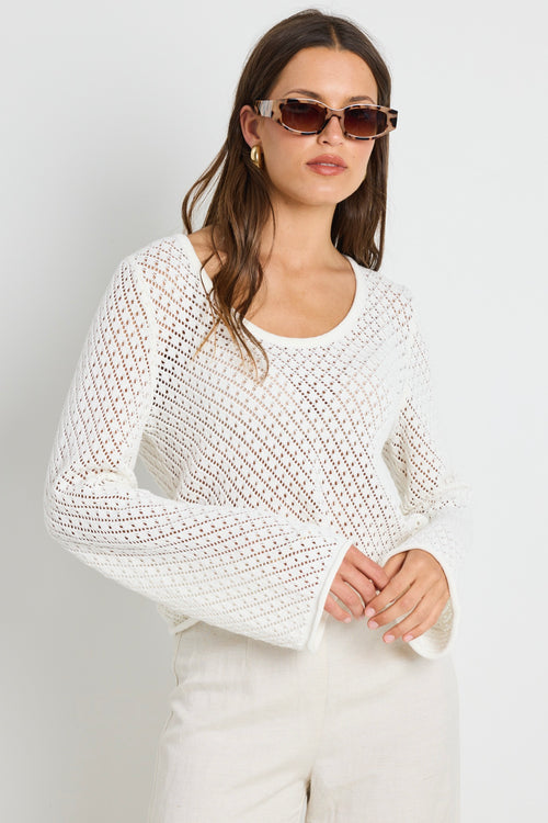 model wears Ivory Cotton Crochet Knit Jumper