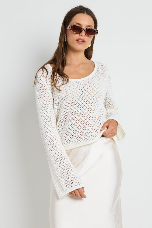 model wears Ivory Cotton Crochet Knit Jumper