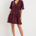 Axel Burgundy Plum Puff Sleeve V Neck Mini Dress