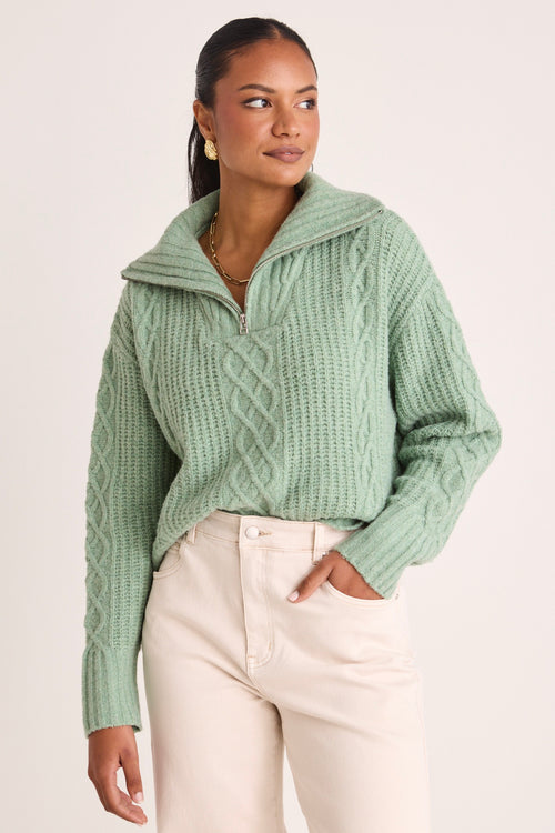 model wears a Green Zip Knit Jumper 