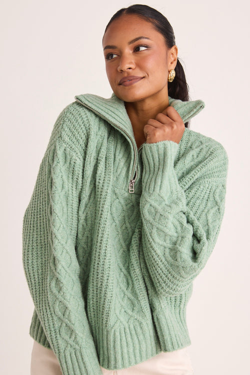 model wears a Green Zip Knit Jumper 