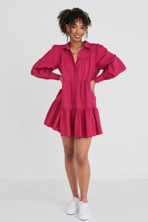 Valley Raspberry Ls Shirt Style Tiered Mini Dress WW Dress Ivy + Jack   