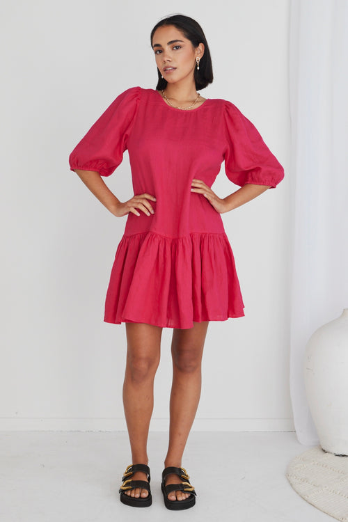 Emelia Raspberry Linen Drop Waist Smock Mini Dress WW Dress Ivy + Jack   