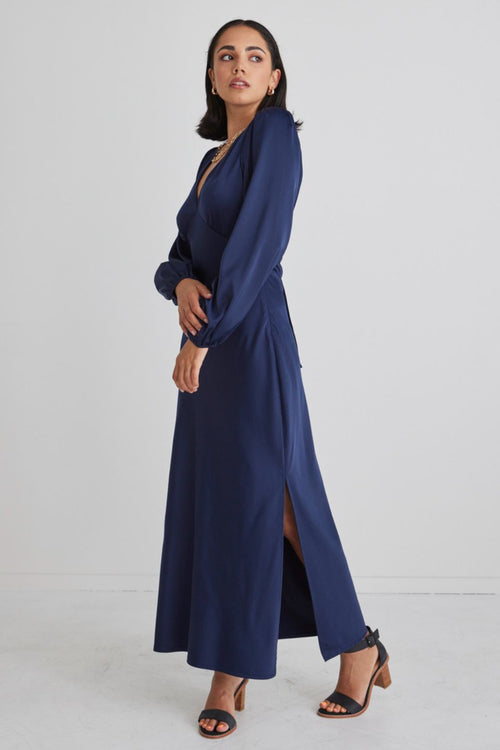 Phoenix Navy Satin Balloon Sleeve Bias Midi Dress WW Dress Among the Brave   