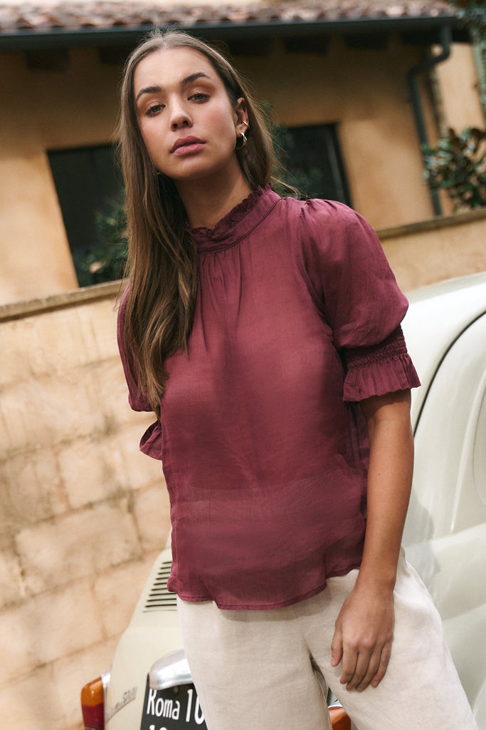 Shop Verse Burgundy Plum Sheer High Neck Short Sleeve Top | Flo & Fran