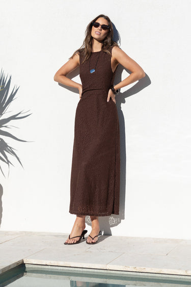 Backlit Chocolate Lace Sleeveless Maxi Dress