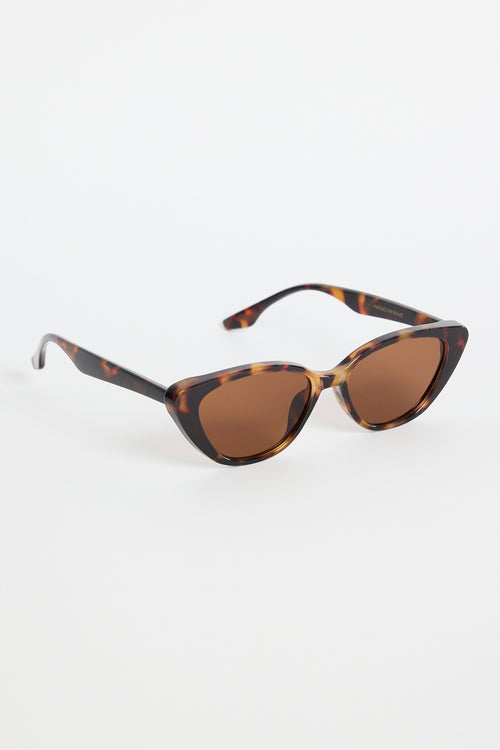 A pair of brown tortoiseshell cat-eye sunglasses with slim arms, photographed on a white background.