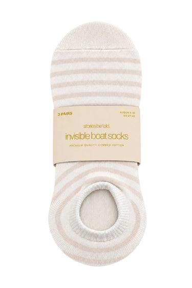 Beige and ivory three-pack invisible boat socks in stripe and polka dot designs, presented in Stories Be Told packaging.