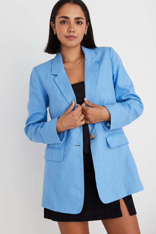 Believe French Blue Linen Single Breasted Longline Blazer WW Blazer Ivy + Jack   