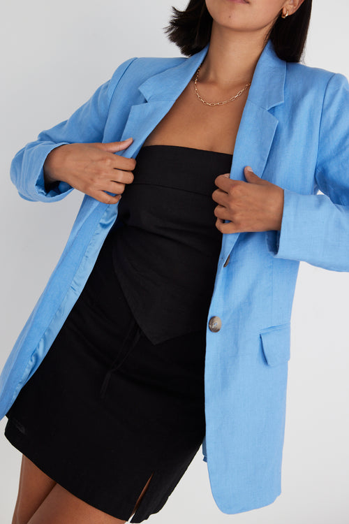 Believe French Blue Linen Single Breasted Longline Blazer WW Blazer Ivy + Jack   